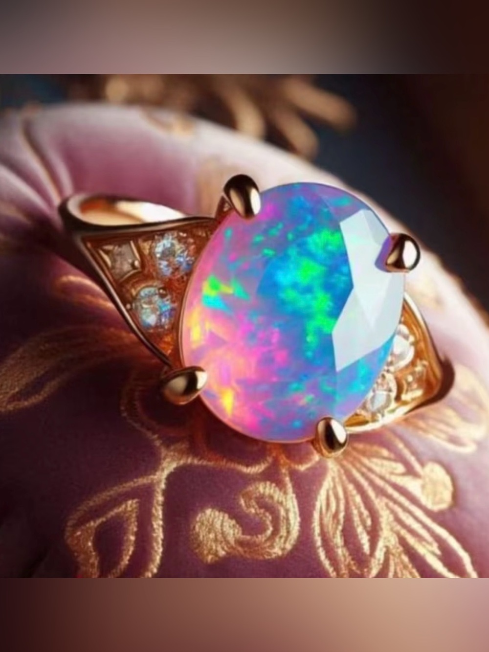Gold-Plated Ring with Pink-Blue Opal Center and Accent Stones